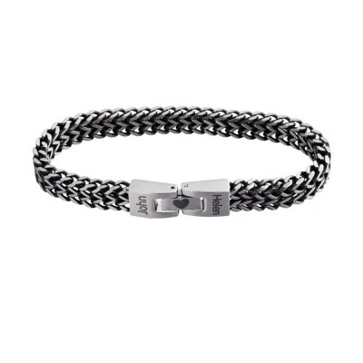 Custom Men's Stainless Steel Interlocking Bracelet with Engraved Names or Maps, Long Distance Relationship Gift for Him