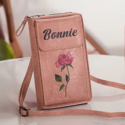 Personalized Retro Leather Birth Flower Mobile Phone Wallet with Name and Multiple card slots, Birthday/Christmas/Mother's Day Gift for Women/Girls