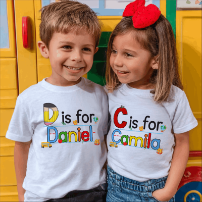 Personalized Name Kids Shirt with Alphabet, Pencil/Apple/Notebook Design T-Shirt/Sweatshirt, First Day of School/Back To School Gift for Kids