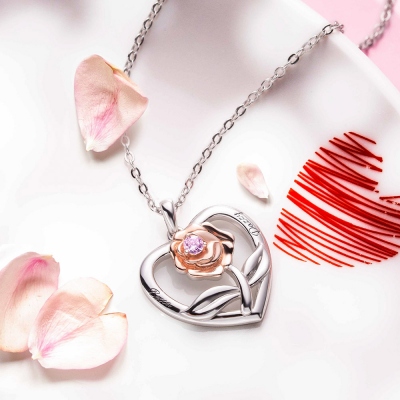 Personalized Rose Heart Necklace With Birthstone