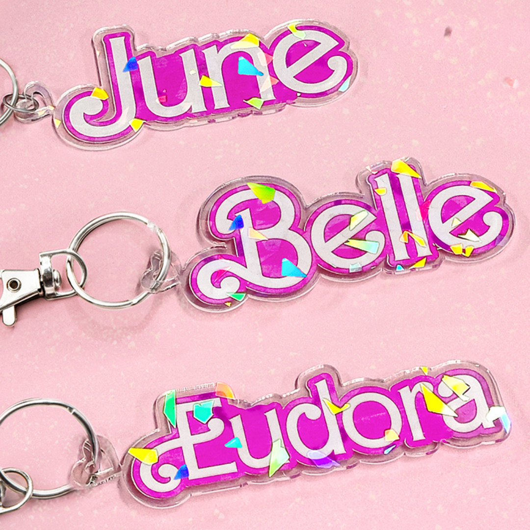 Custom Pink Name Acrylic Keychain, Let's go Party, Custom Name Keychain