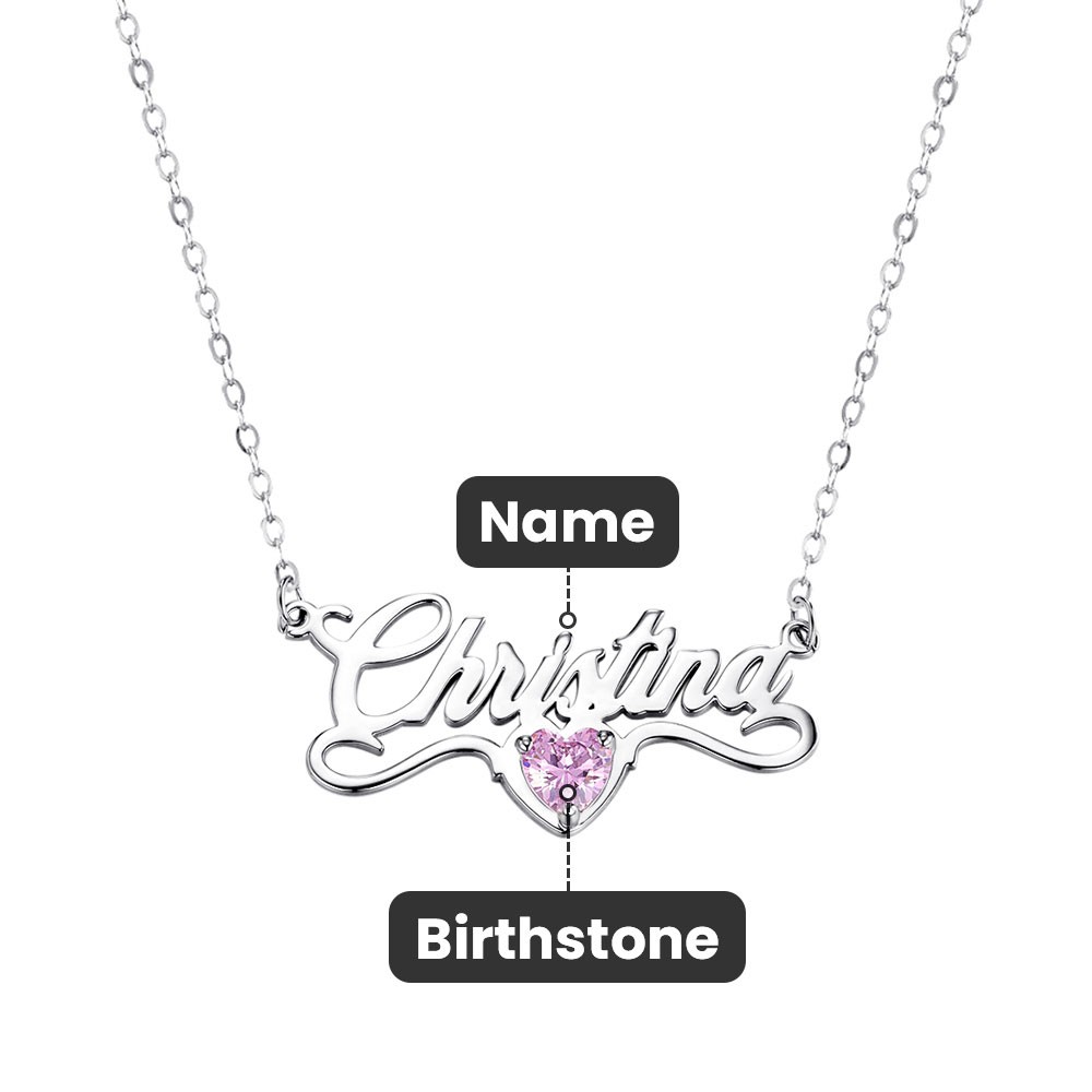 Personalized Minimalist Name Necklace with Heart Birthstone, Valentine's Day/Birthday/Anniversary/Christmas Gift for Her