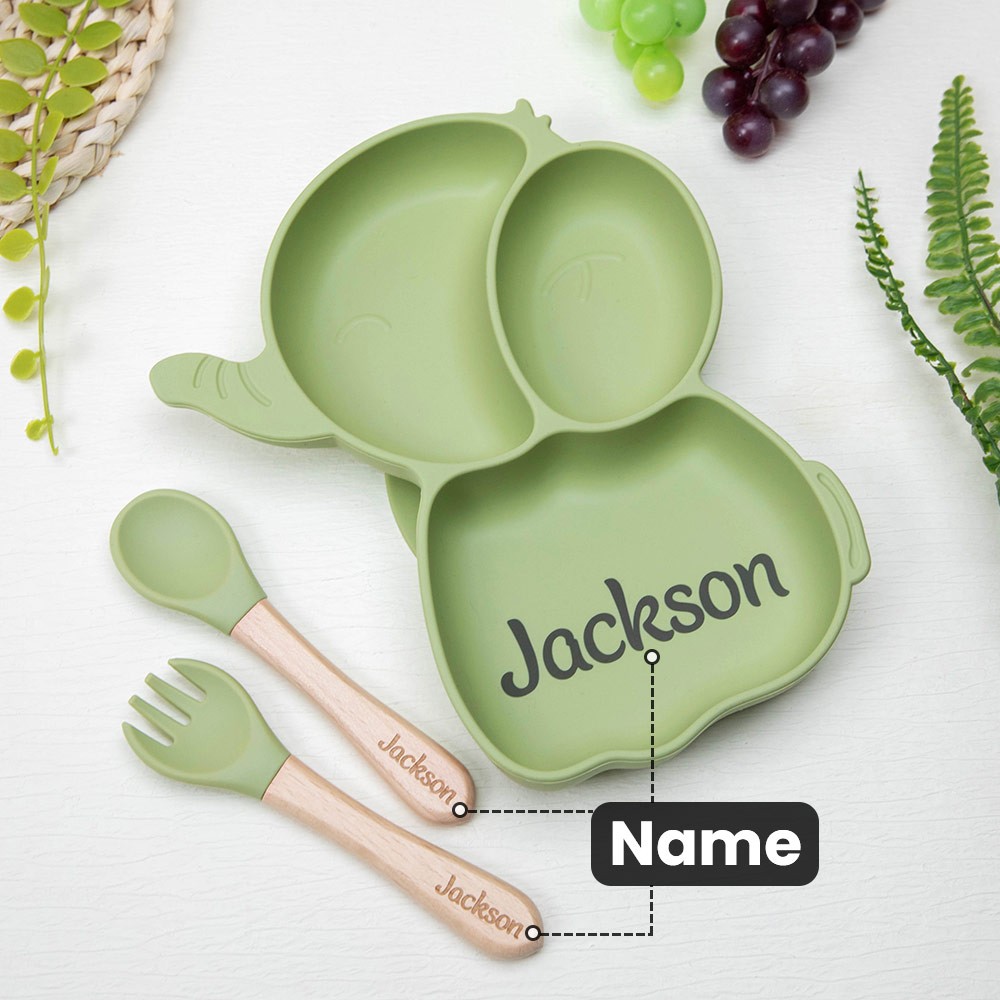 Custom Food Grade Silicone Elephant Baby Divided Suction Feeding Set with Name, New Baby Toddler Dinnerware, First Birthday/Baby Shower Gift
