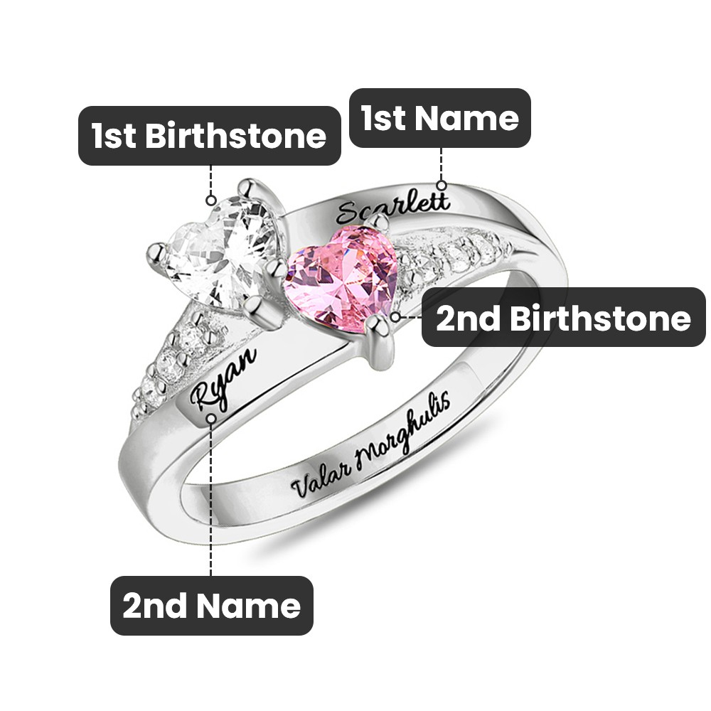 Custom Sterling Silver Engraved Double Heart Birthstone Ring with Engraved Names and Text, Mother's Day Birthday Gift for Her