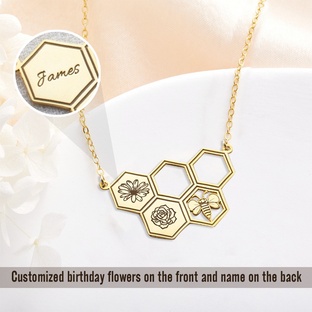 Personalized Laser Engraved Birth Flower and Bee Honeycomb Family Necklace with Kids Name, Reversible Necklace, Perfect Gift for Mom and Grandma