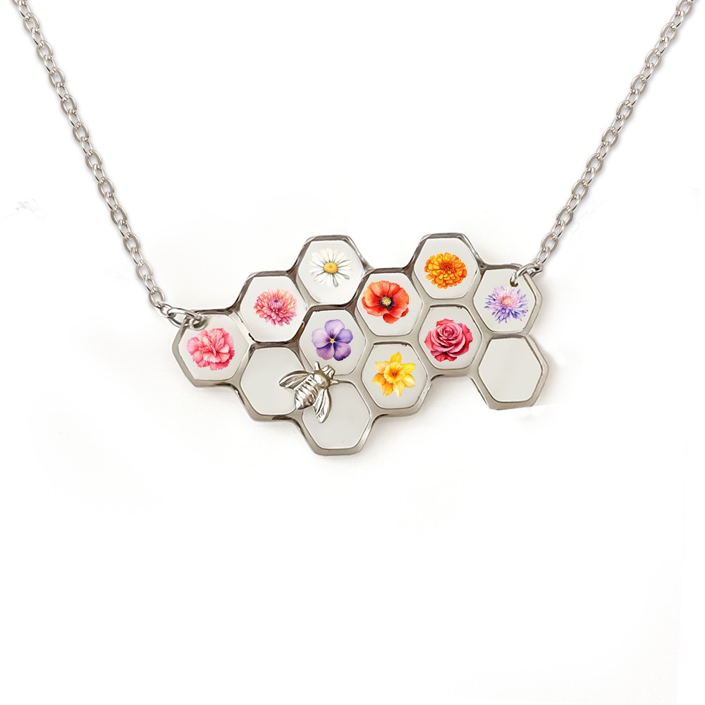 Custom Birth Month Flower Necklace, Stainless Steel Honeycomb Pendant, Flower Necklace for Her