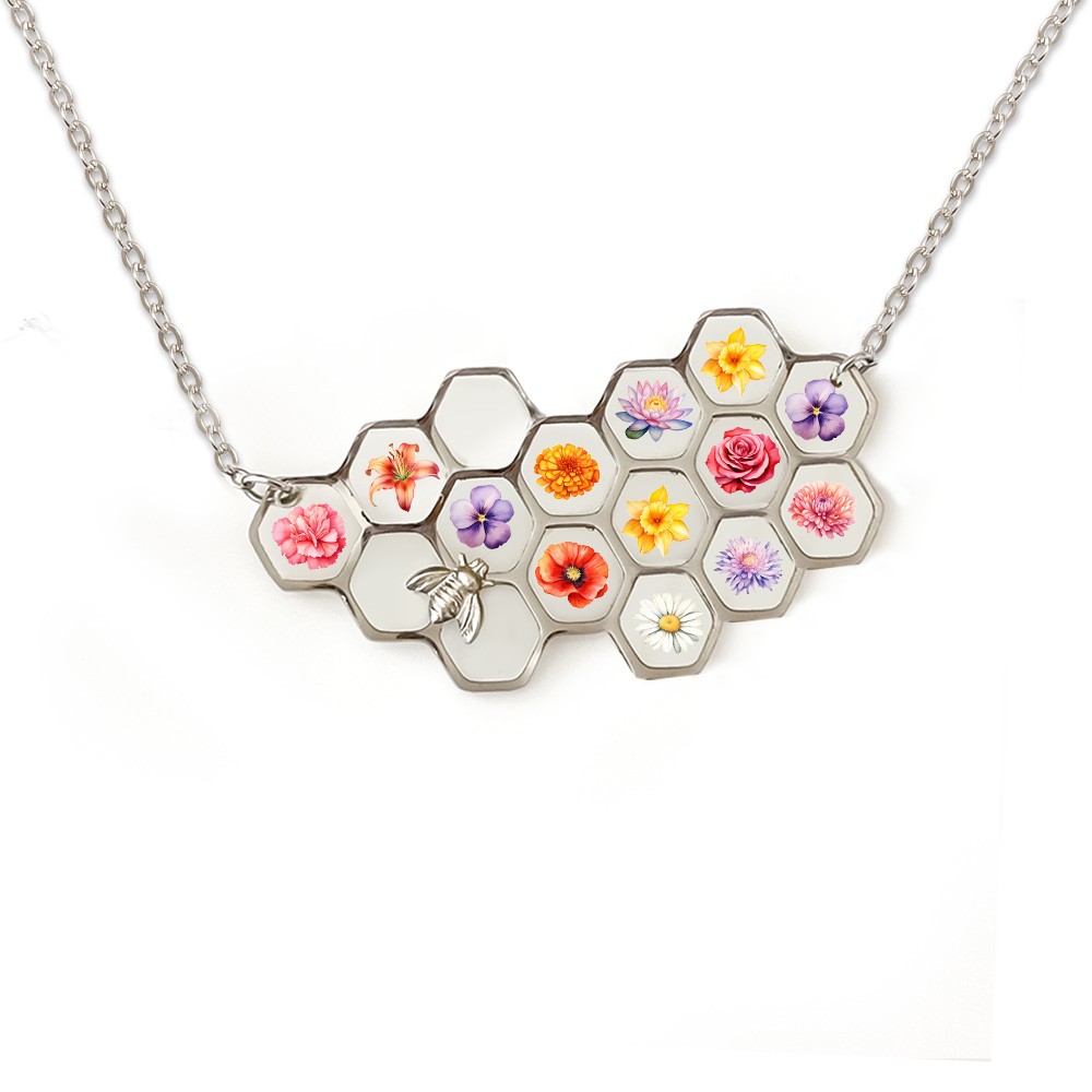 Custom Birth Month Flower Necklace, Stainless Steel Honeycomb Pendant, Flower Necklace for Her