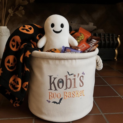 Custom Embroidered Name Halloween Boo Candy Basket, Large Capacity Spooky Basket, Trick or Treat Candy Basket,  Halloween Gift for Kids/Boys/Girls