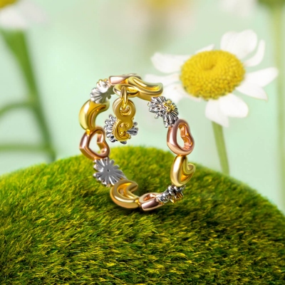Personalized Initial Moon & Flower Ring Daisy Ring