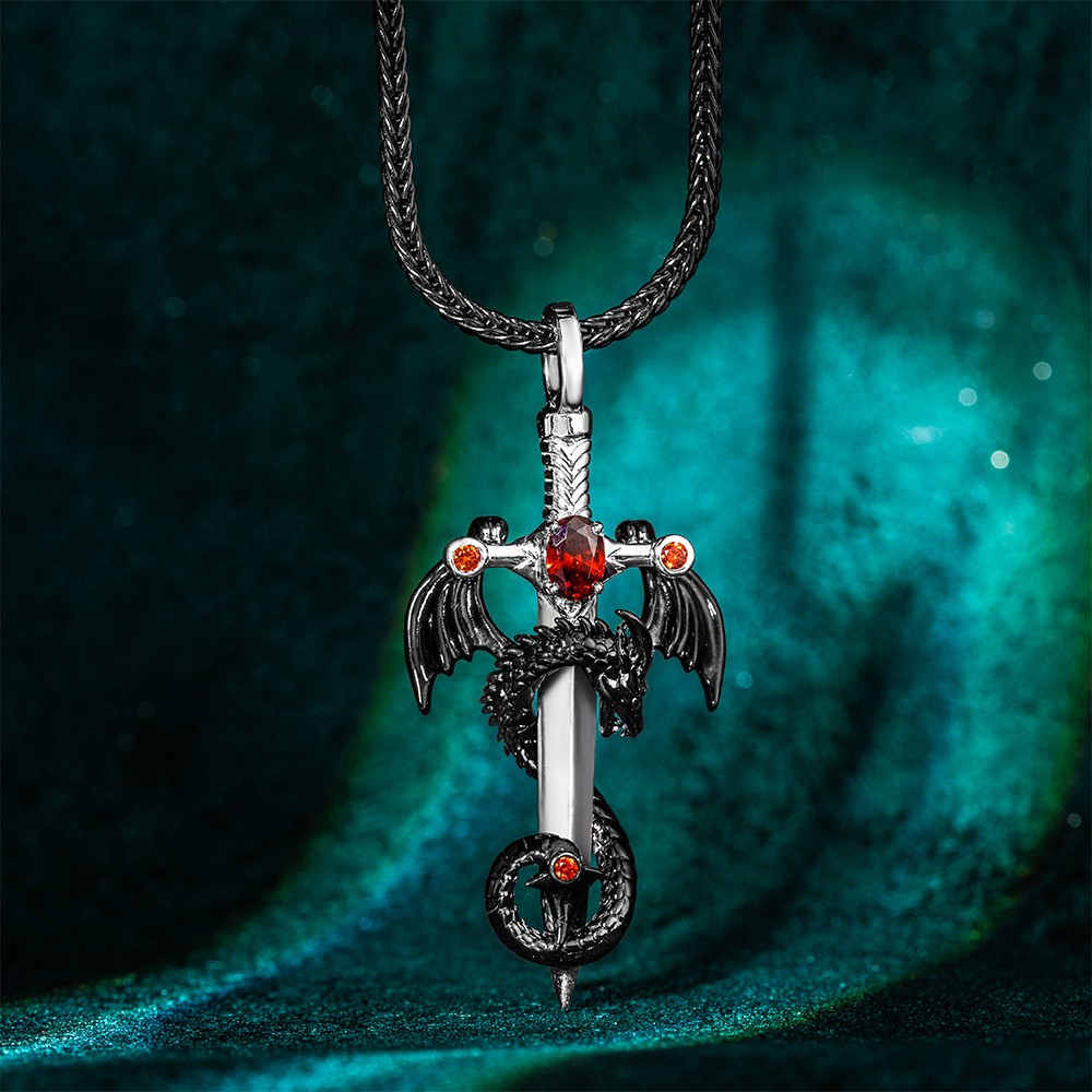 Custom Wing Dragon Wrapped Sword Necklace with Birthstone Cross Pendant, Gothic Jewellery, Gift for Rock Punk Lovers