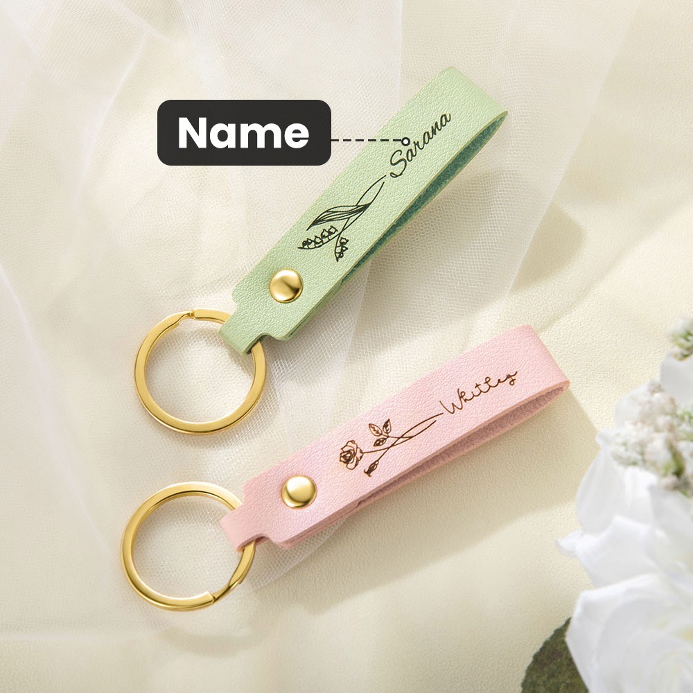 Personalized  Birth Flower Leather Keychain With Engraved Name, Bridesmaid Wedding Party Birthday Gift For Her