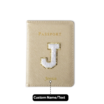 Custom Name Leather Letter Patch Passport Cover, Chenille Letter Patch Passport Cover with Sequins Initial, Birthday Gift for Traveler/Friends/Family