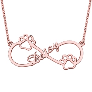 Cute Infinity Name Necklace With Dog Paw In Rose Gold
