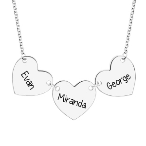 Custom Engraved 3 Hearts & Names Necklace Sterling Silver