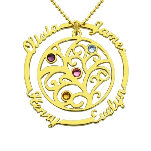 Birthstone Family Tree Necklace with Name for Mothers In Gold
