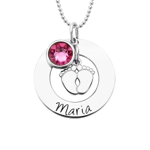 Personalized Baby Feet & Birthstone Necklace for New Mom in Silver