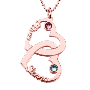 Heart in Heart Names Necklace with Birthstones In Rose Gold