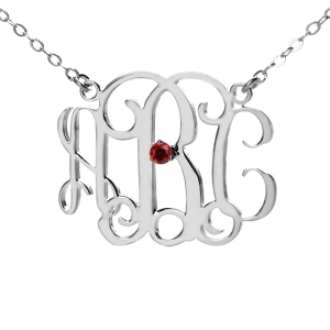 Personaliserat sterling silver monogram halsband med en födelse sten