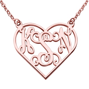 Rose Gold Heart Monogram Pendant Necklace 3 Initials