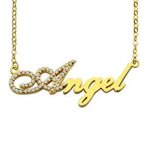 18K Gold Plated Script Name Necklace - Initial Full Birthstones