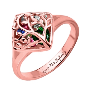 Family Tree Cage Ring With Heart Birthstones In Rose Gold