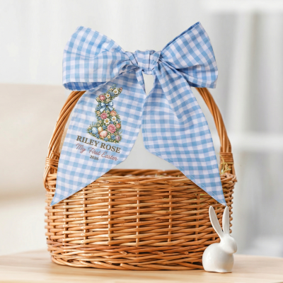 Personalized My First Easter Bow with Bunny Illustration and Custom Name, Keepsake Hair Bow Gift for Baby Girls & Toddlers