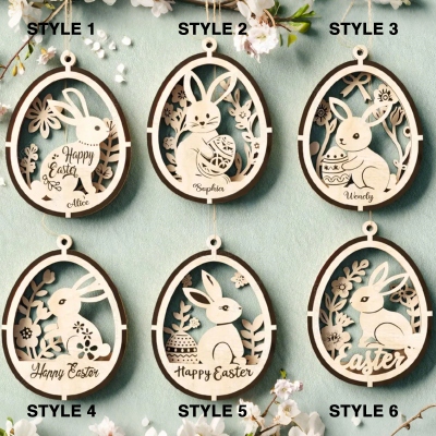 Personlig kanin påskägg blommig laserskuren ornament med namn, söt 3D-lagerhängande dekor, påskminne, påskpresent till barn/familj/vänner