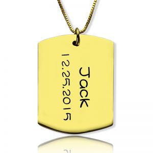Dog Tag Pendant with Name and Birth Date Gold Plated Silver