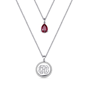 Custom 2 Layered Monogram Initial Necklace with Birthstone Silver