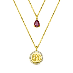 Custom 2 Layered Monogram Initial Necklace with Birthstone In Gold