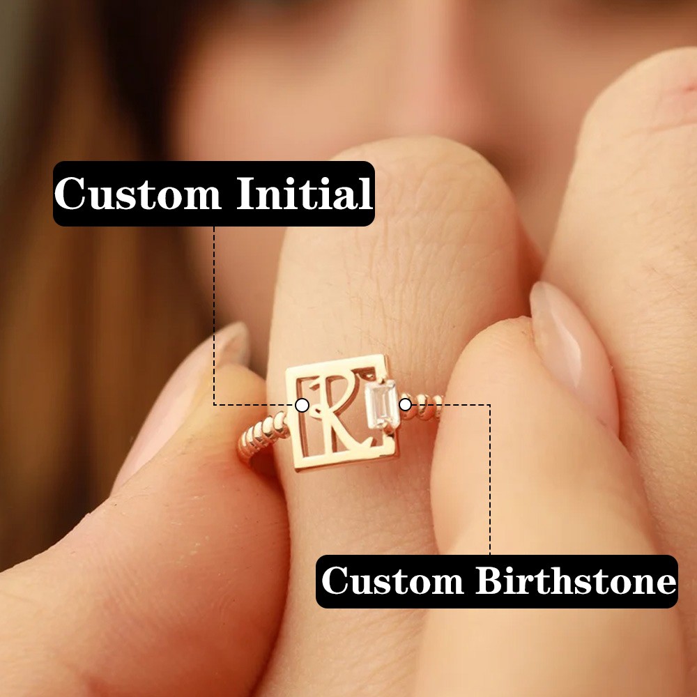 Custom Square Minimalist Birthstone Initial Ring, Dainty Skinny Letter Ring, Mother's Day/Birthday/Wedding/Valentines Day Gift for Women