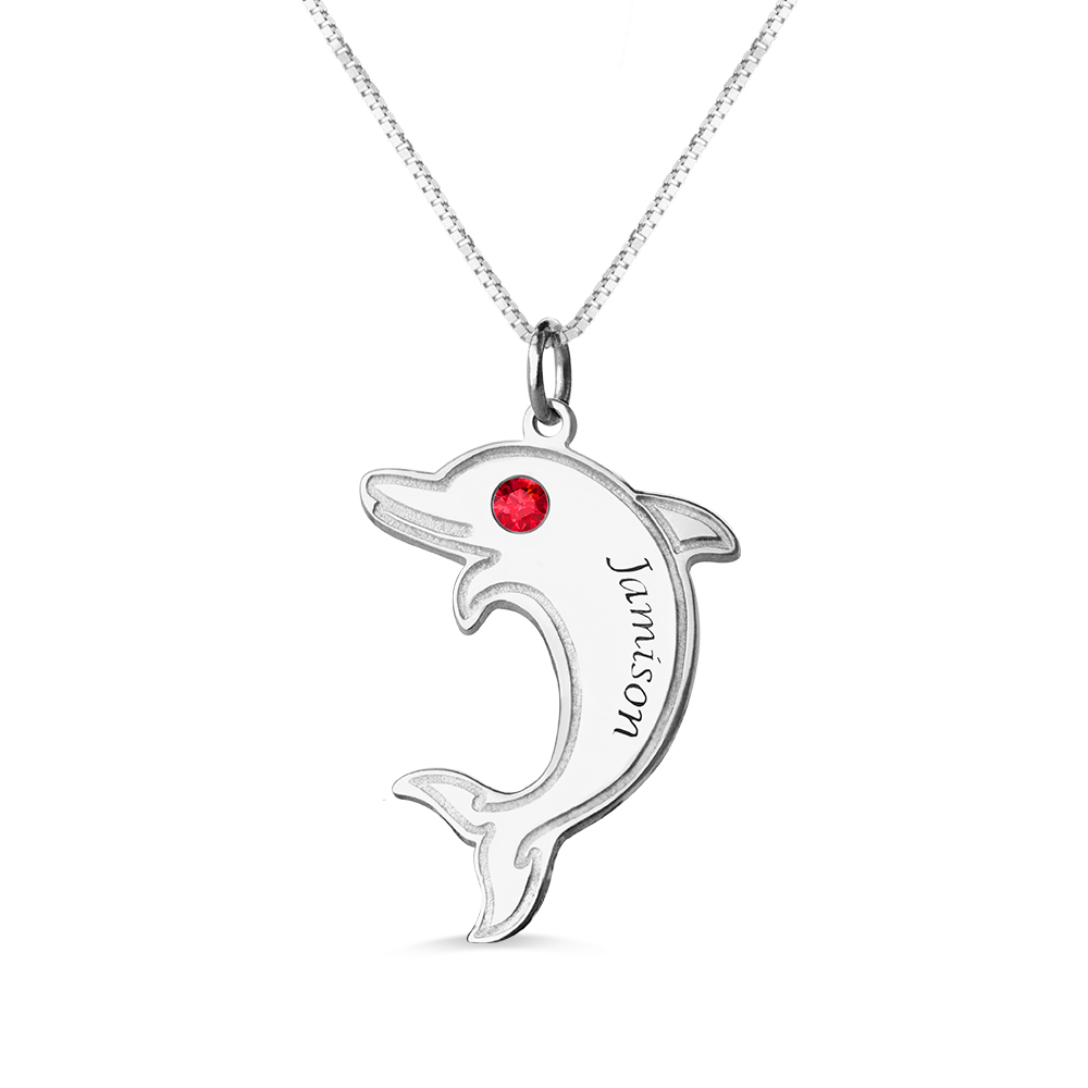 Colar com golfinho com pedra zodiacal e nome em prata de lei