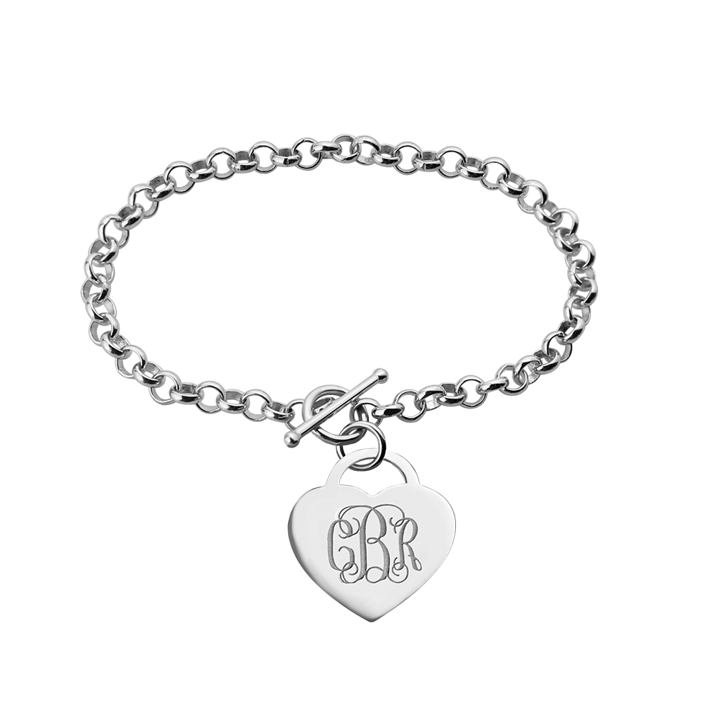Monogram Charm Bracelet With Toggle Clasp and Heart Charm 