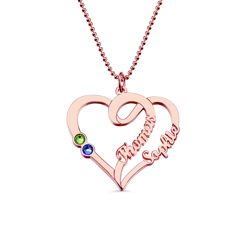 Couple Heart Names Necklace with Birthstones In Rose Gold ...