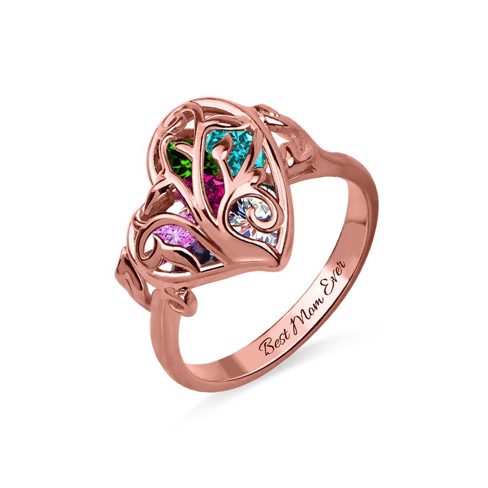 Family Tree Heart Cage Ring With Heart Birthstones In Rose Gold