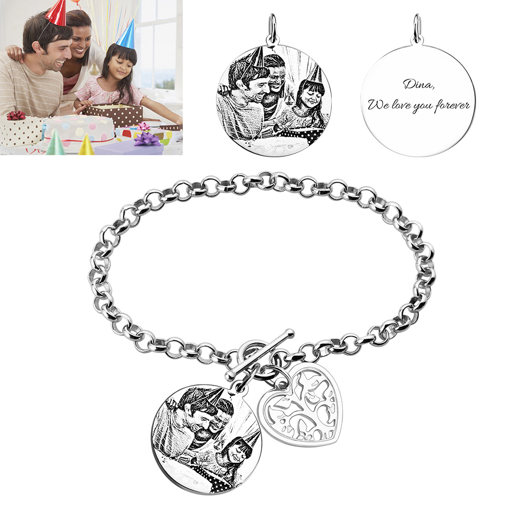 Engraved Sterling Silver Photo Charm Bracelet For Mothers 