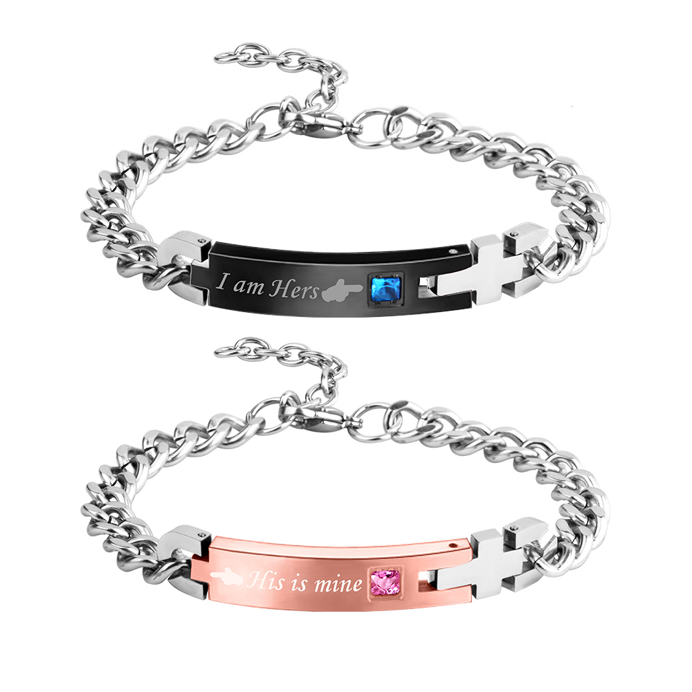 PERSONALIZED SILVER STAINLESS STEEL HIS & HERS COUPLE'S ID BRACELET SET 