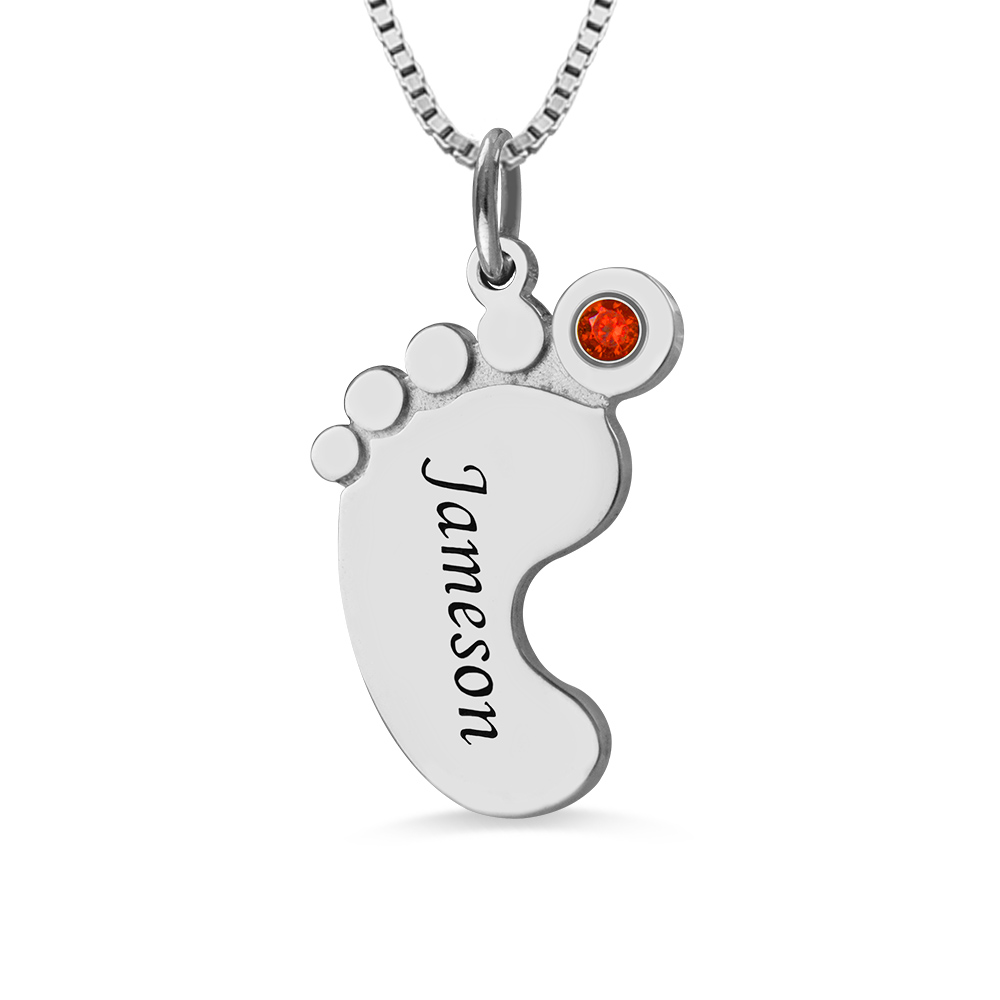 Personalised Womens Baby Feet Foot Birthstone Necklace Name Engraved Silver UK
