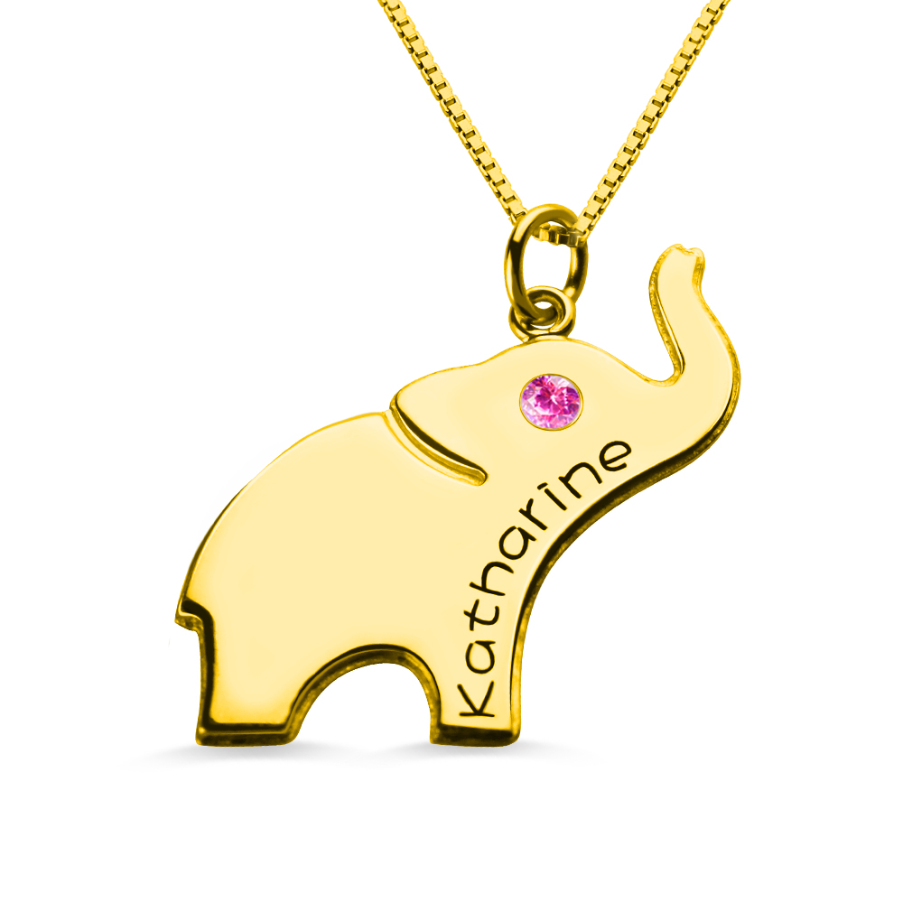 Colar com berloque de elefante da sorte com nome gravado banhado a ouro de 18 quilates