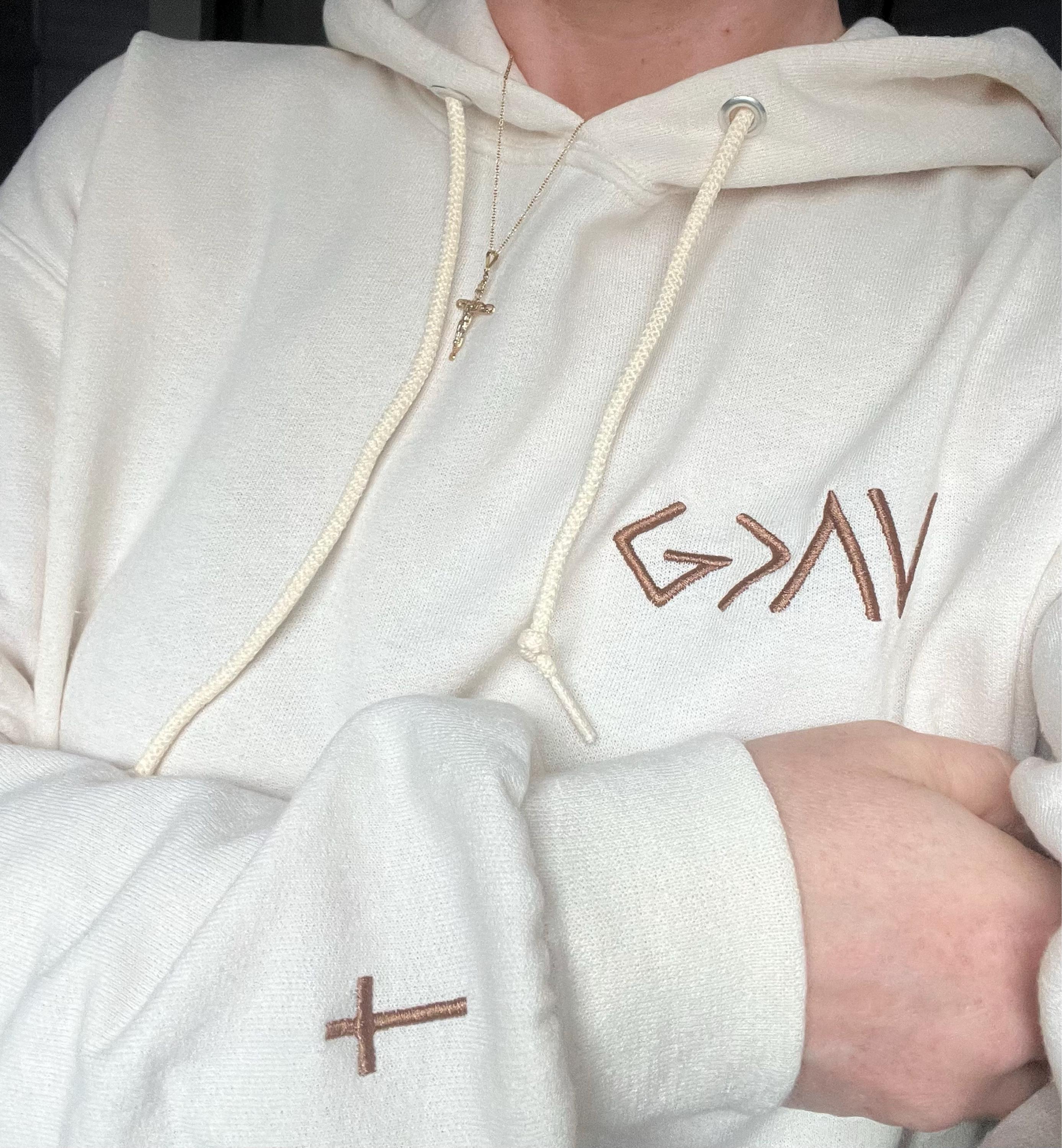 God Is Greater Than The Highs And Lows Embroidered Hoodie • Cross on Sleeve • Couples Gift • Anniversary Gift • Gift For Him • Gift For Her