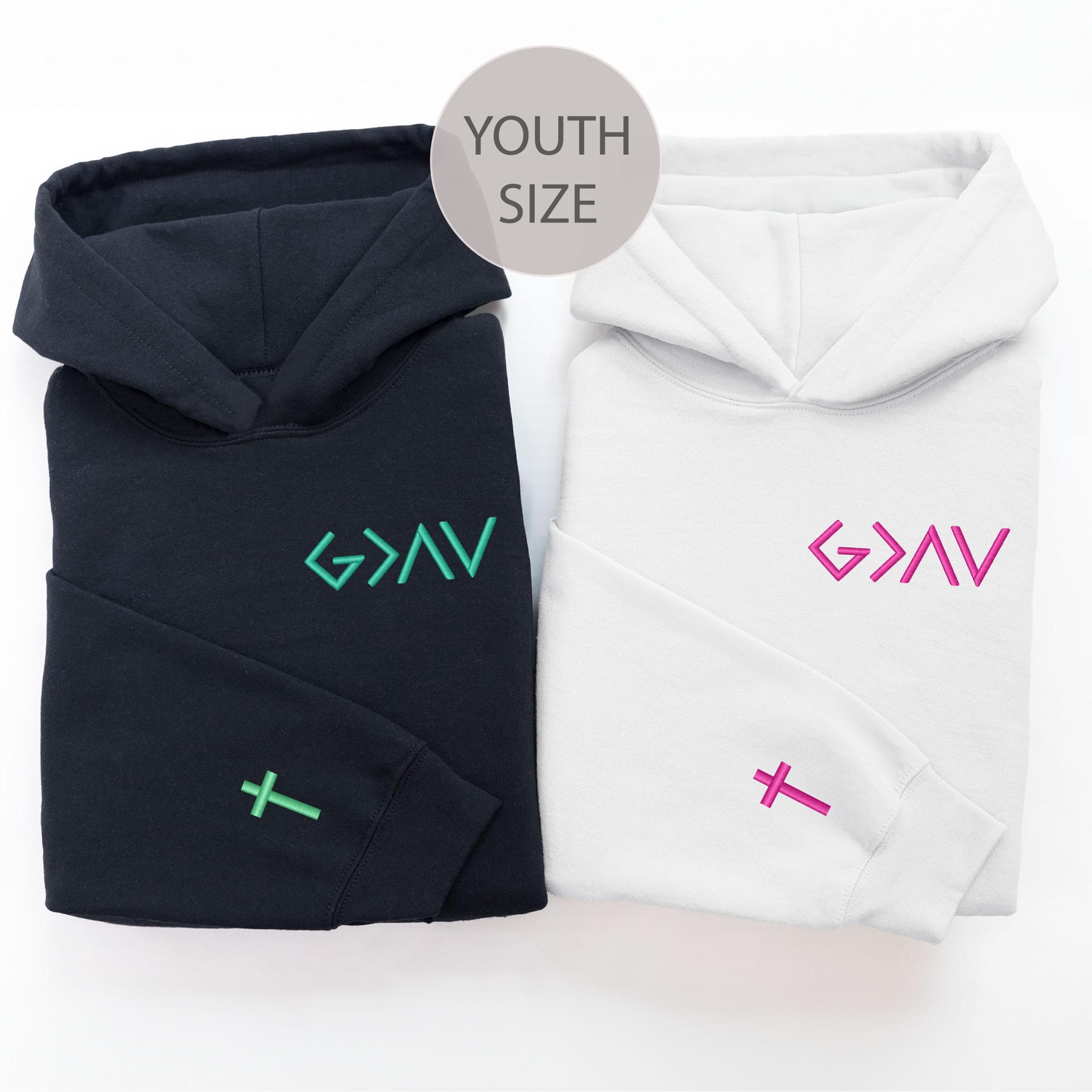 God Is Greater Than The Highs And Lows Embroidered Hoodie • Cross on Sleeve • Couples Gift • Anniversary Gift • Gift For Him • Gift For Her