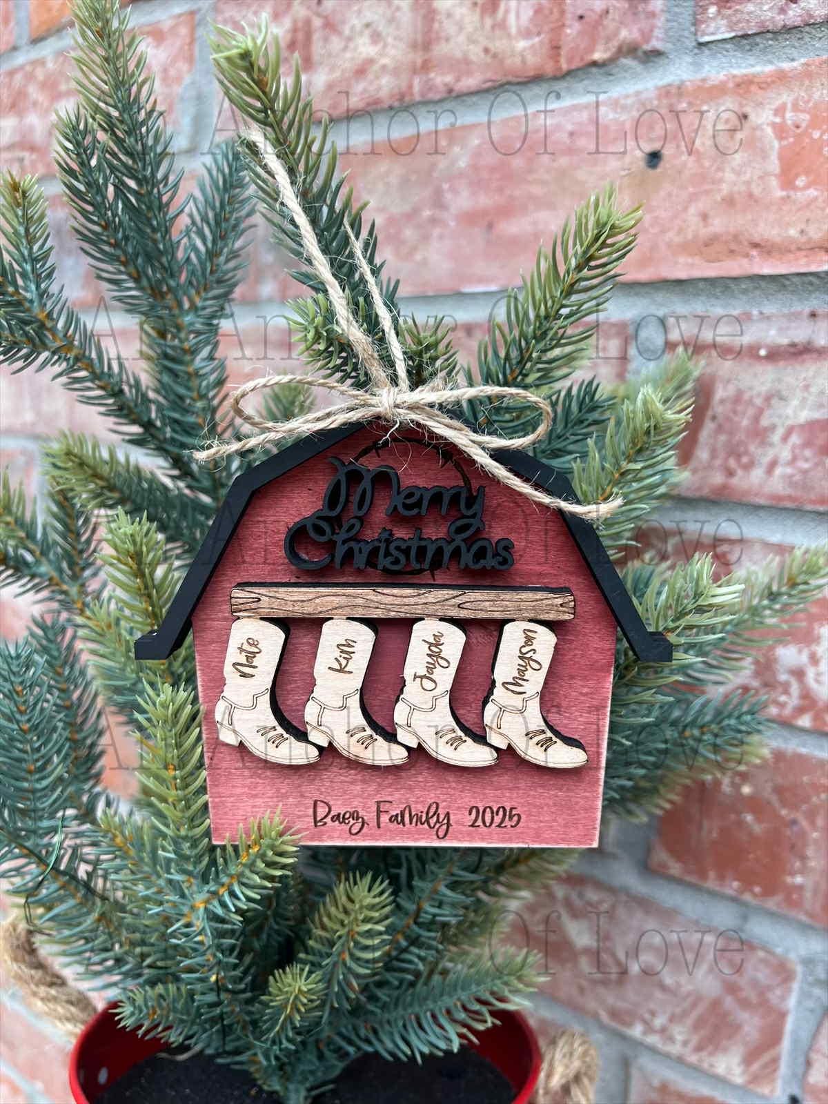 Personalized Family Christmas Ornament: Cowboy Barn Decor