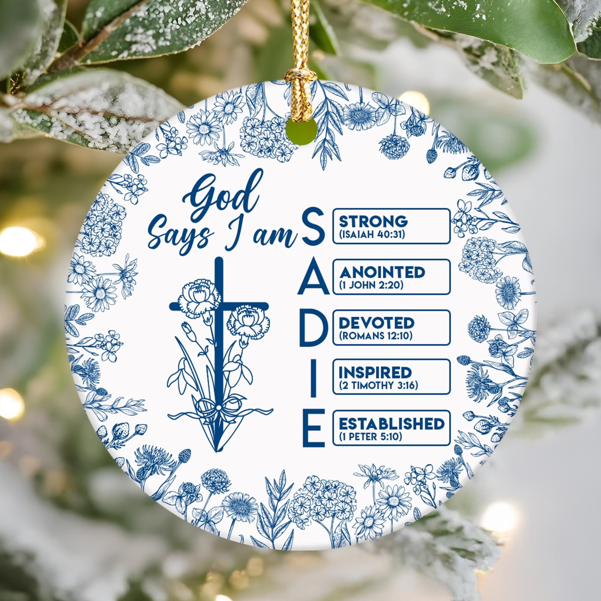 Personalized Christian Name Ornament with Bible Verse, God Says I Am Toile De Jouy Ornament, Christian Christmas Ornament, Religious Gift