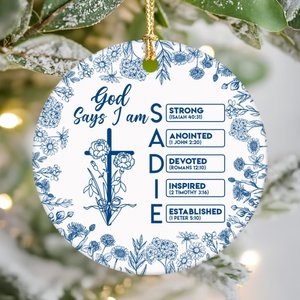 Personalized Christian Name Ornament with Bible Verse, God Says I Am Toile De Jouy Ornament, Christian Christmas Ornament, Religious Gift