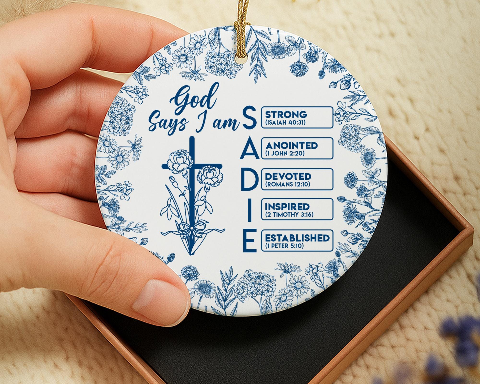 Personalized Christian Name Ornament with Bible Verse, God Says I Am Toile De Jouy Ornament, Christian Christmas Ornament, Religious Gift
