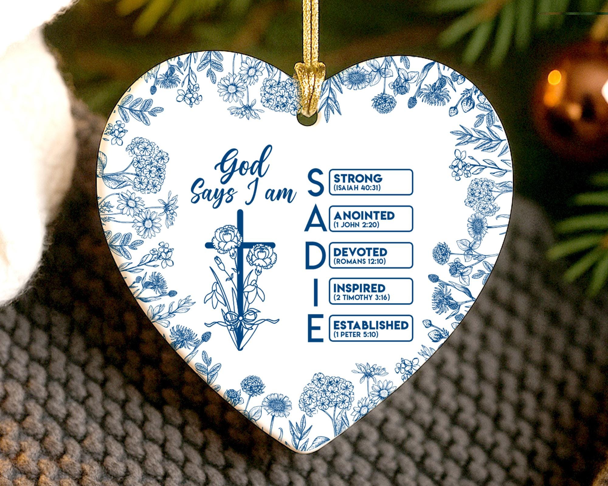 Personalized Christian Name Ornament with Bible Verse, God Says I Am Toile De Jouy Ornament, Christian Christmas Ornament, Religious Gift