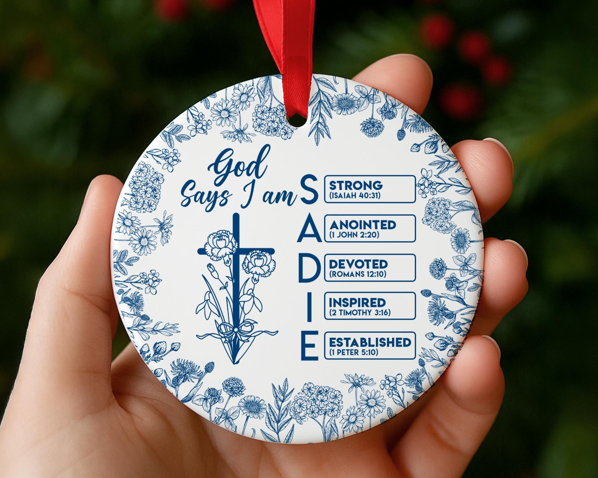 Personalized Christian Name Ornament with Bible Verse, God Says I Am Toile De Jouy Ornament, Christian Christmas Ornament, Religious Gift