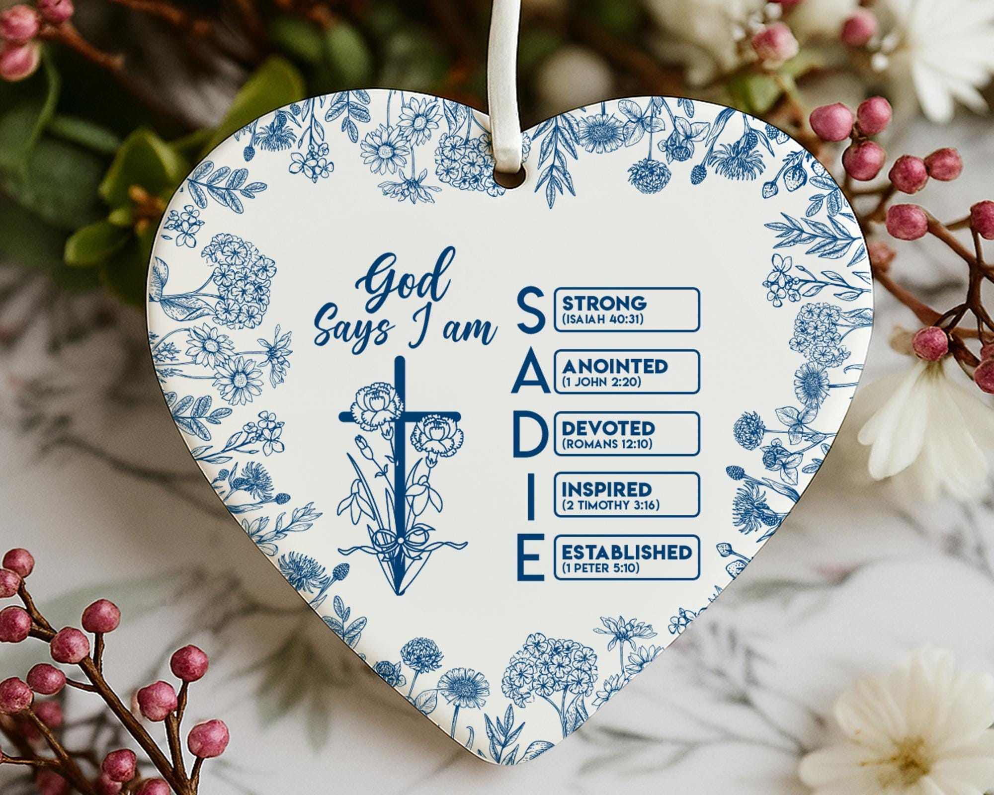 Personalized Christian Name Ornament with Bible Verse, God Says I Am Toile De Jouy Ornament, Christian Christmas Ornament, Religious Gift
