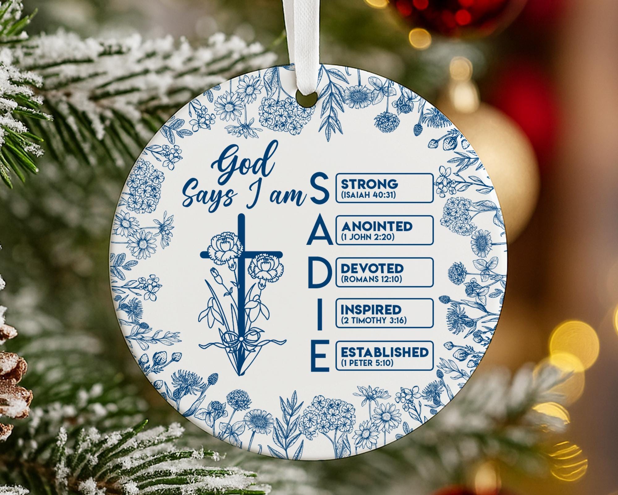 Personalized Christian Name Ornament with Bible Verse, God Says I Am Toile De Jouy Ornament, Christian Christmas Ornament, Religious Gift