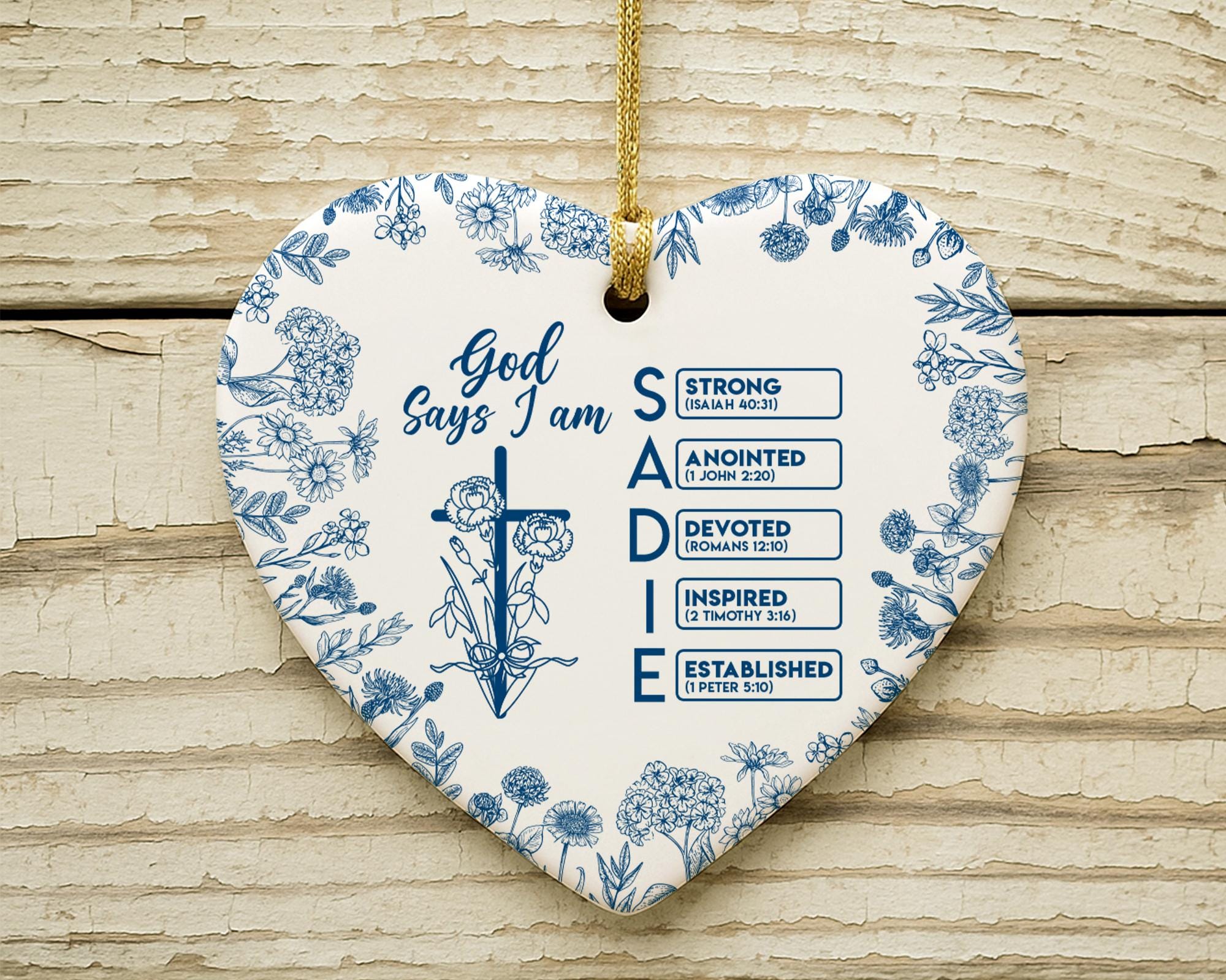 Personalized Christian Name Ornament with Bible Verse, God Says I Am Toile De Jouy Ornament, Christian Christmas Ornament, Religious Gift
